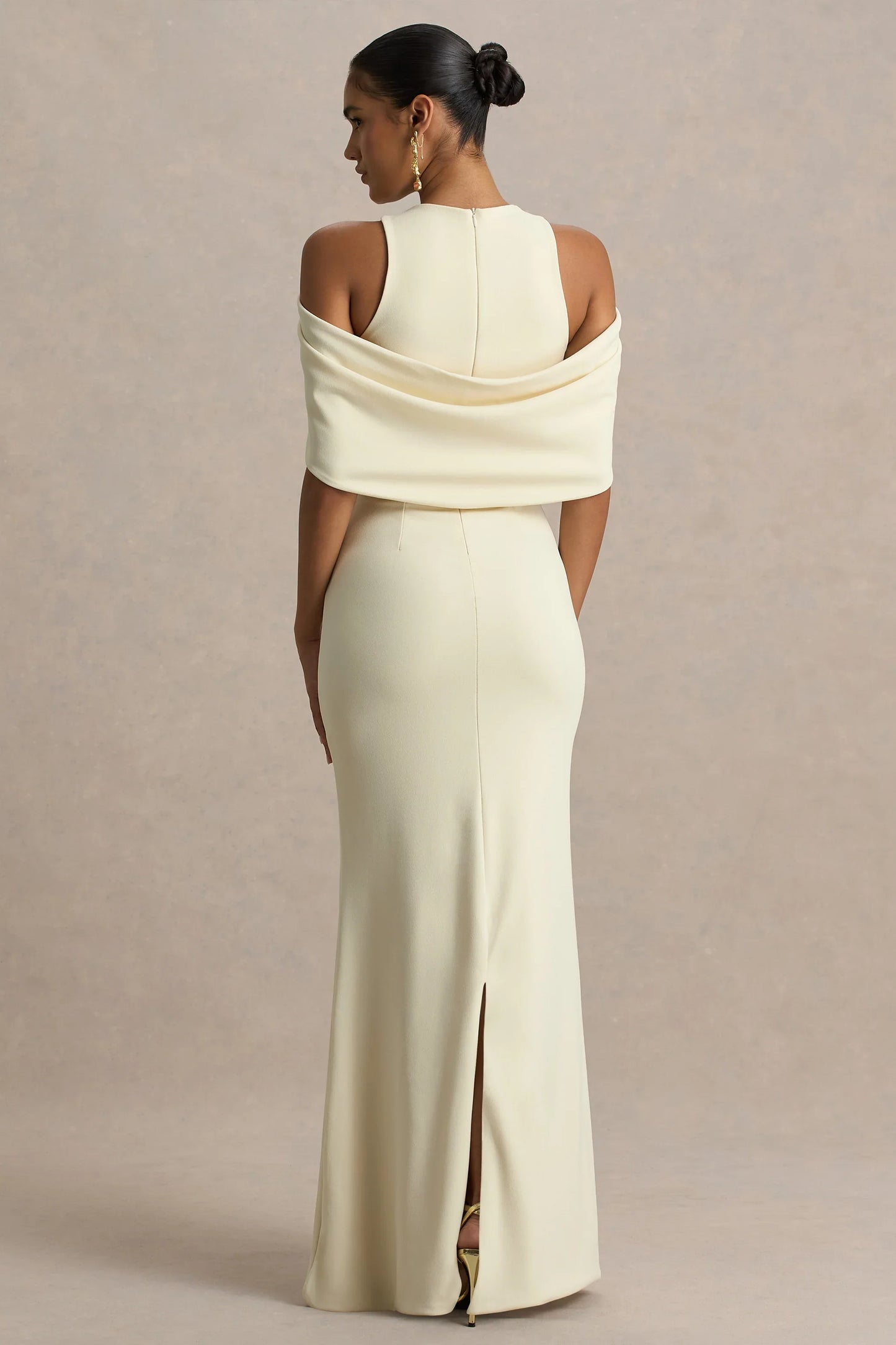 Yulia Sand High Neck Maxi Dress With Cape Sleeves