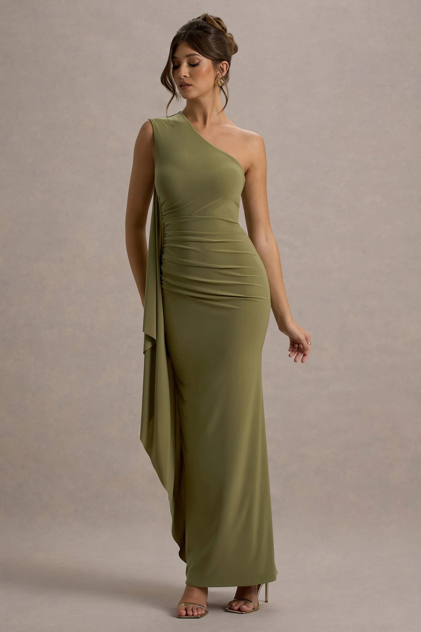 Adelina Olive One Shoulder Maxi Dress With Drape