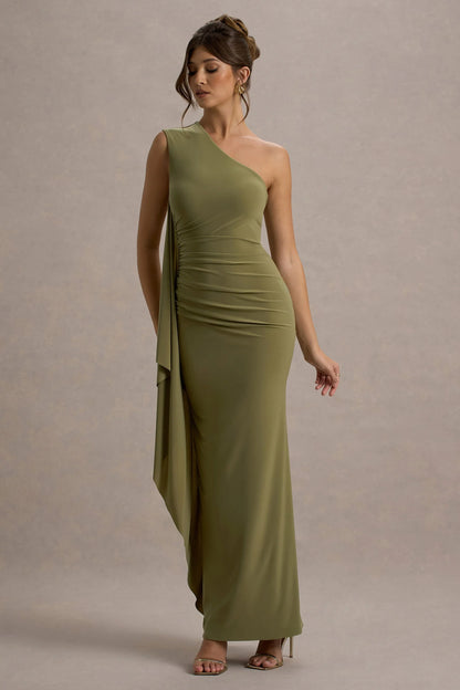 Adelina Olive One Shoulder Maxi Dress With Drape
