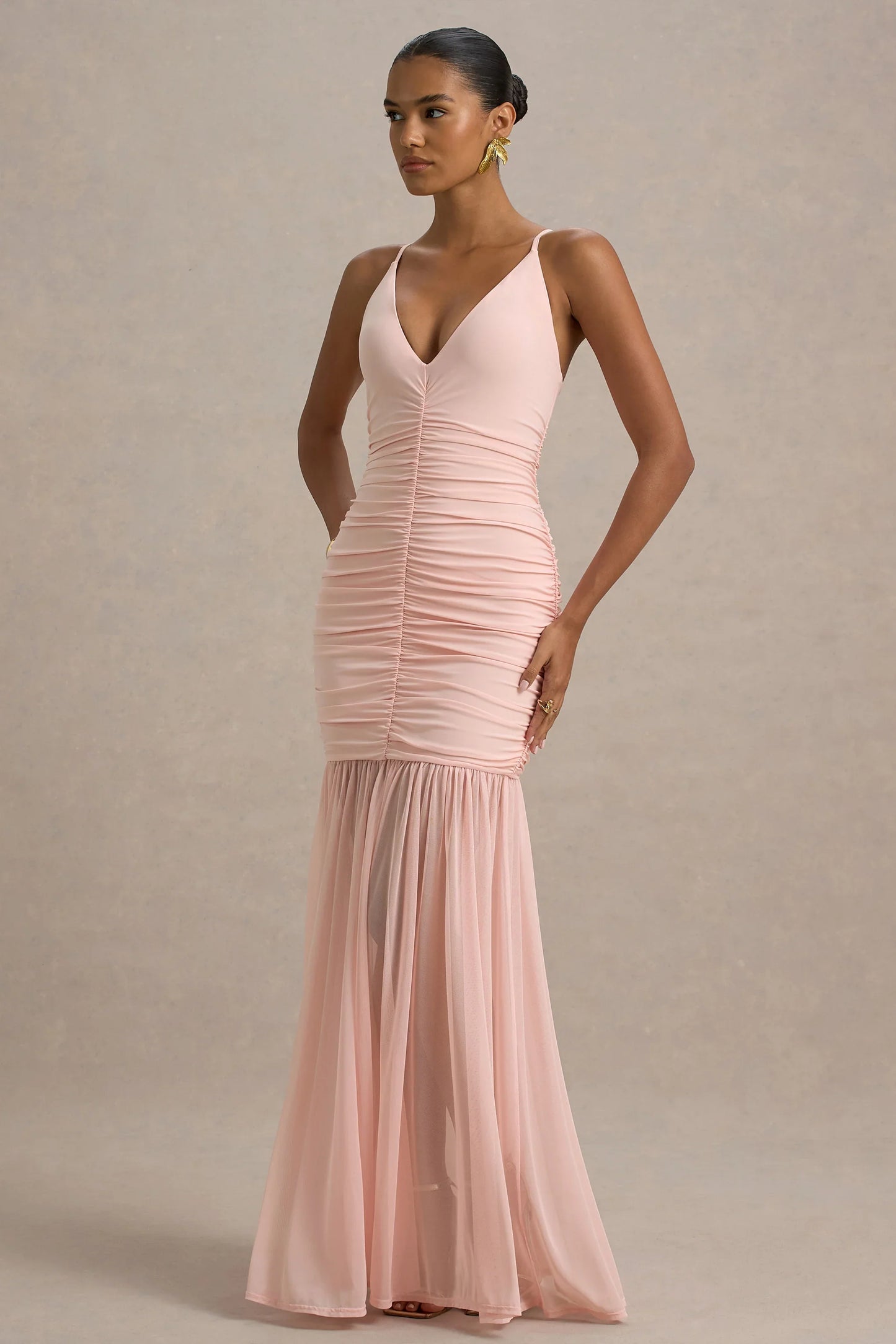 Pasqualina Pink Ruched Plunge Neck Maxi Dress