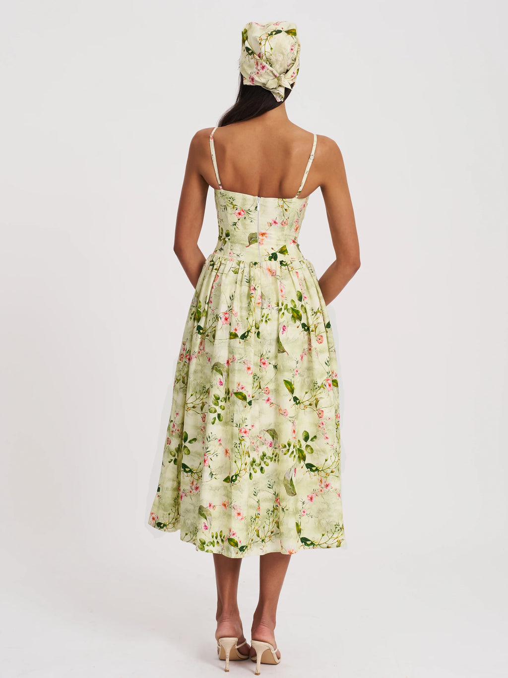 Jacinda Green Floral Print Linen Midi Dress