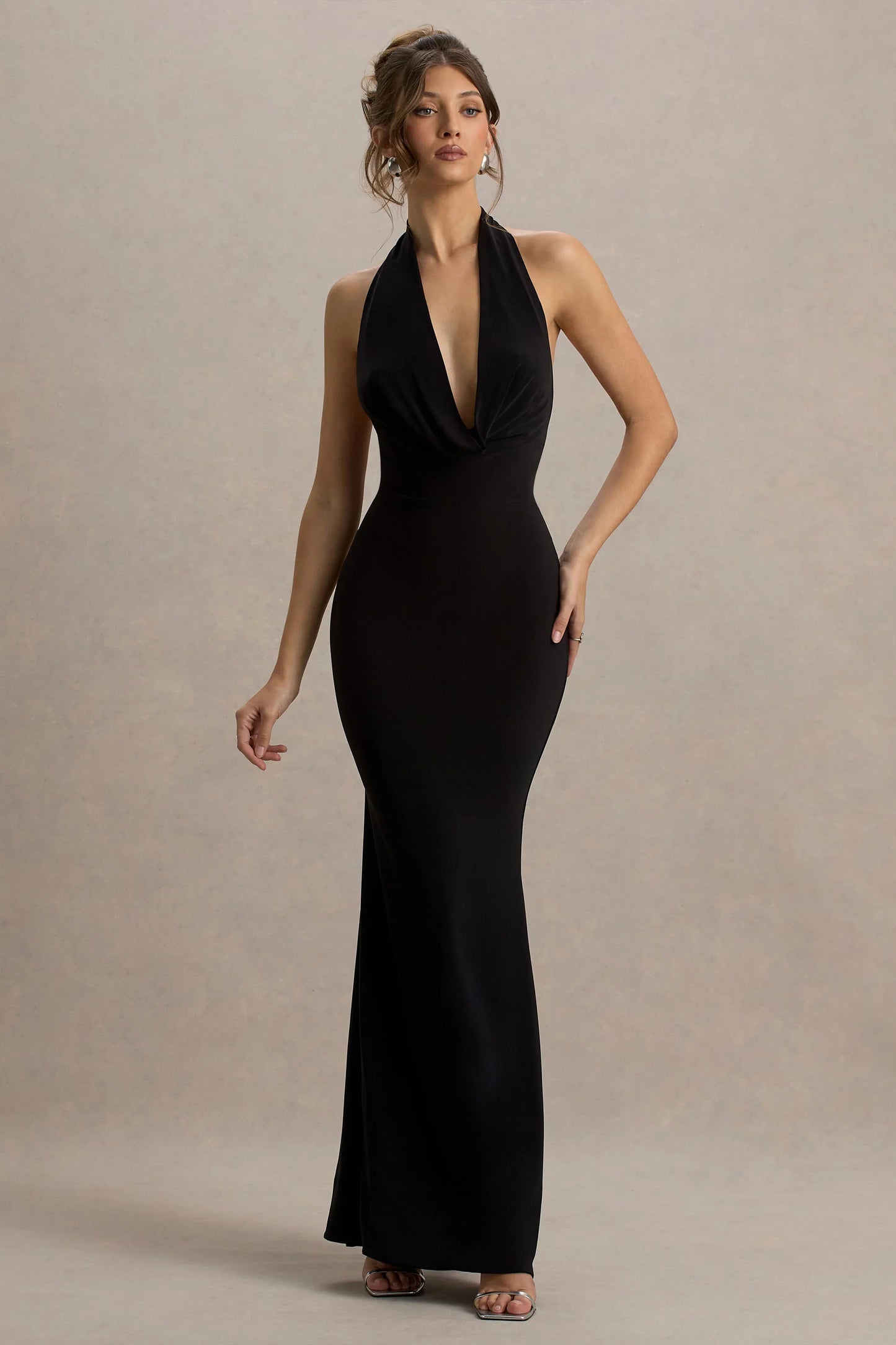 Milani Black Backless Cowl Neck Fishtail Maxi Dress