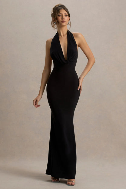 Milani Black Backless Cowl Neck Fishtail Maxi Dress
