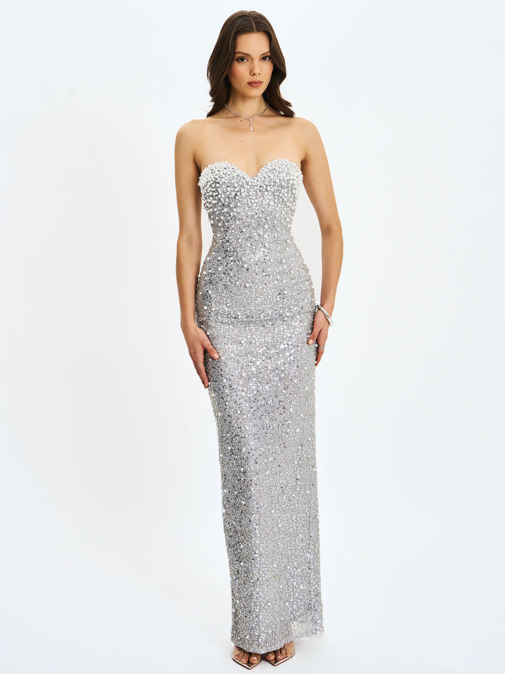 Noelle Silver Sequin Pearl Embellished Sweetheart Maxi Dress