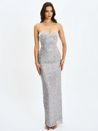 Noelle Silver Sequin Pearl Embellished Sweetheart Maxi Dress
