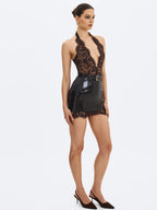 Faris Espresso Plunging Halter Belted Mini Dress