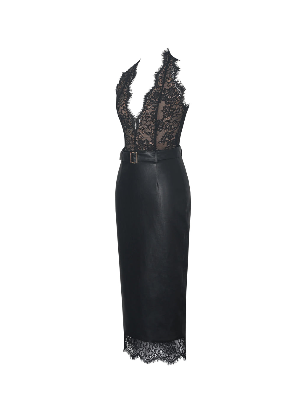 Fiera Black Plunging Halter Belted Midi Dress