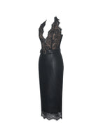 Fiera Black Plunging Halter Belted Midi Dress