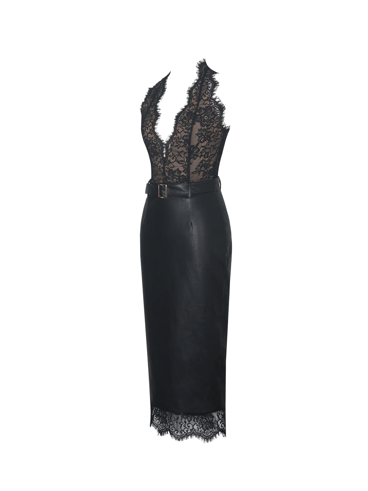 Fiera Black Plunging Halter Belted Midi Dress