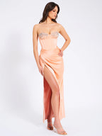 Amelia Blush Satin Corset Slit Gown With Crystal Embellished Archive Sale
