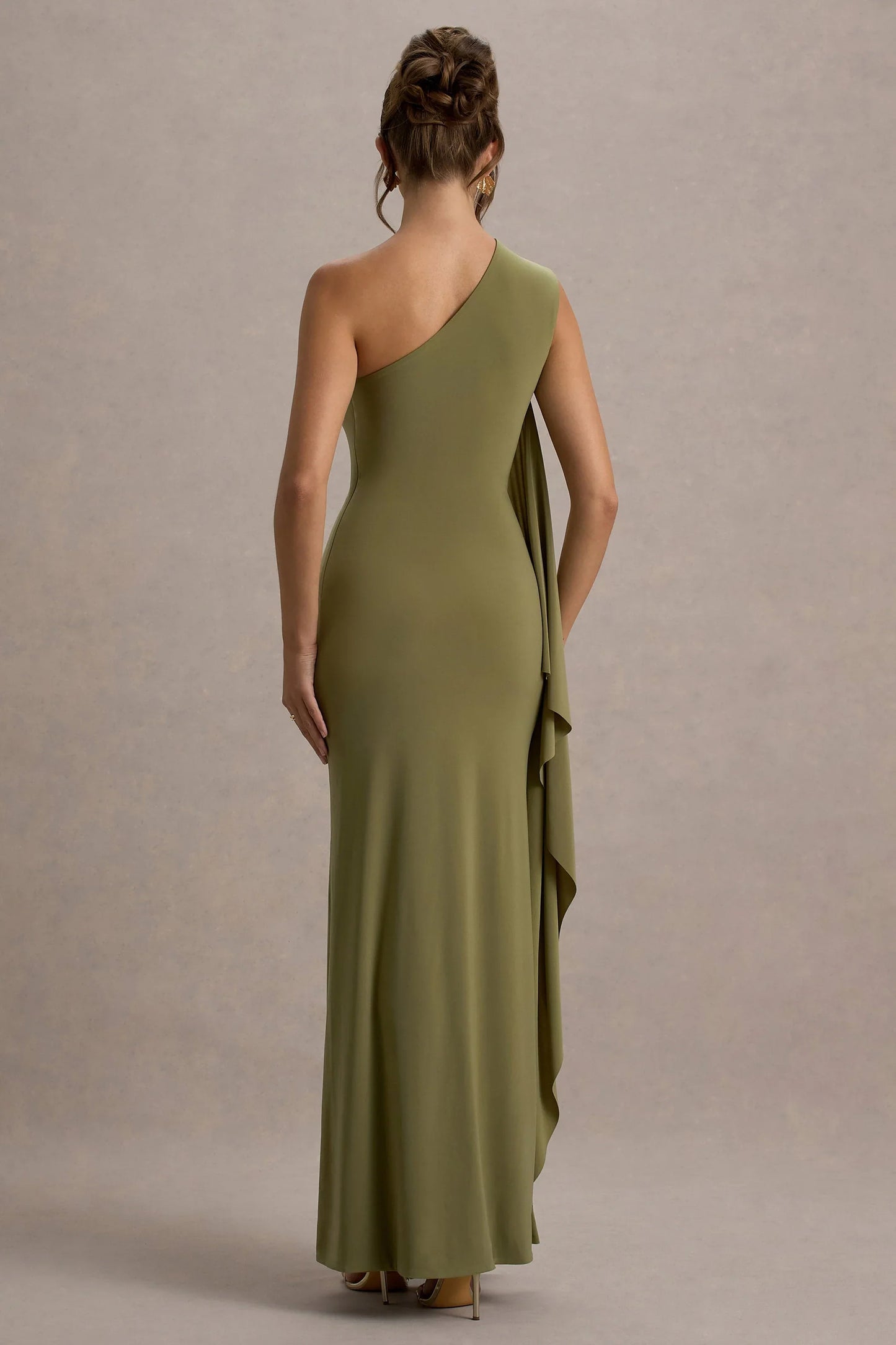 Adelina Olive One Shoulder Maxi Dress With Drape