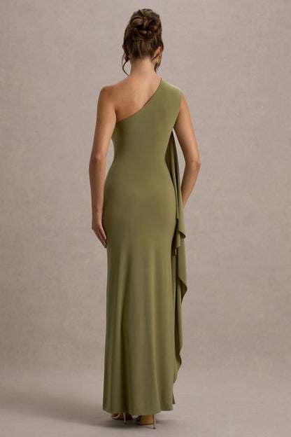 Adelina Olive One Shoulder Maxi Dress With Drape