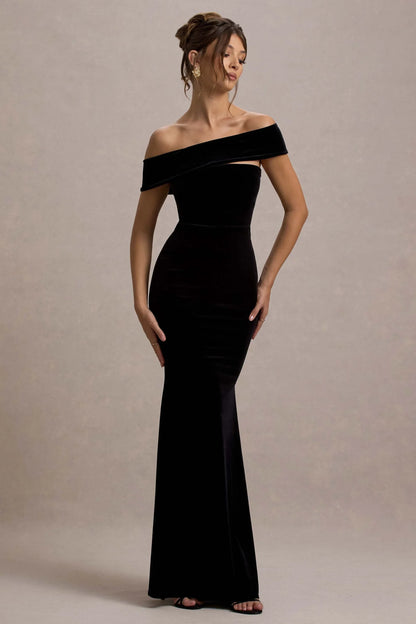 Candela Black Velvet Asymmetric Bardot Maxi Dress