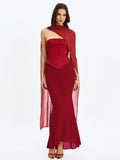 Giselle Crimson Peplum Mermaid Gown with Chiffon Scarf