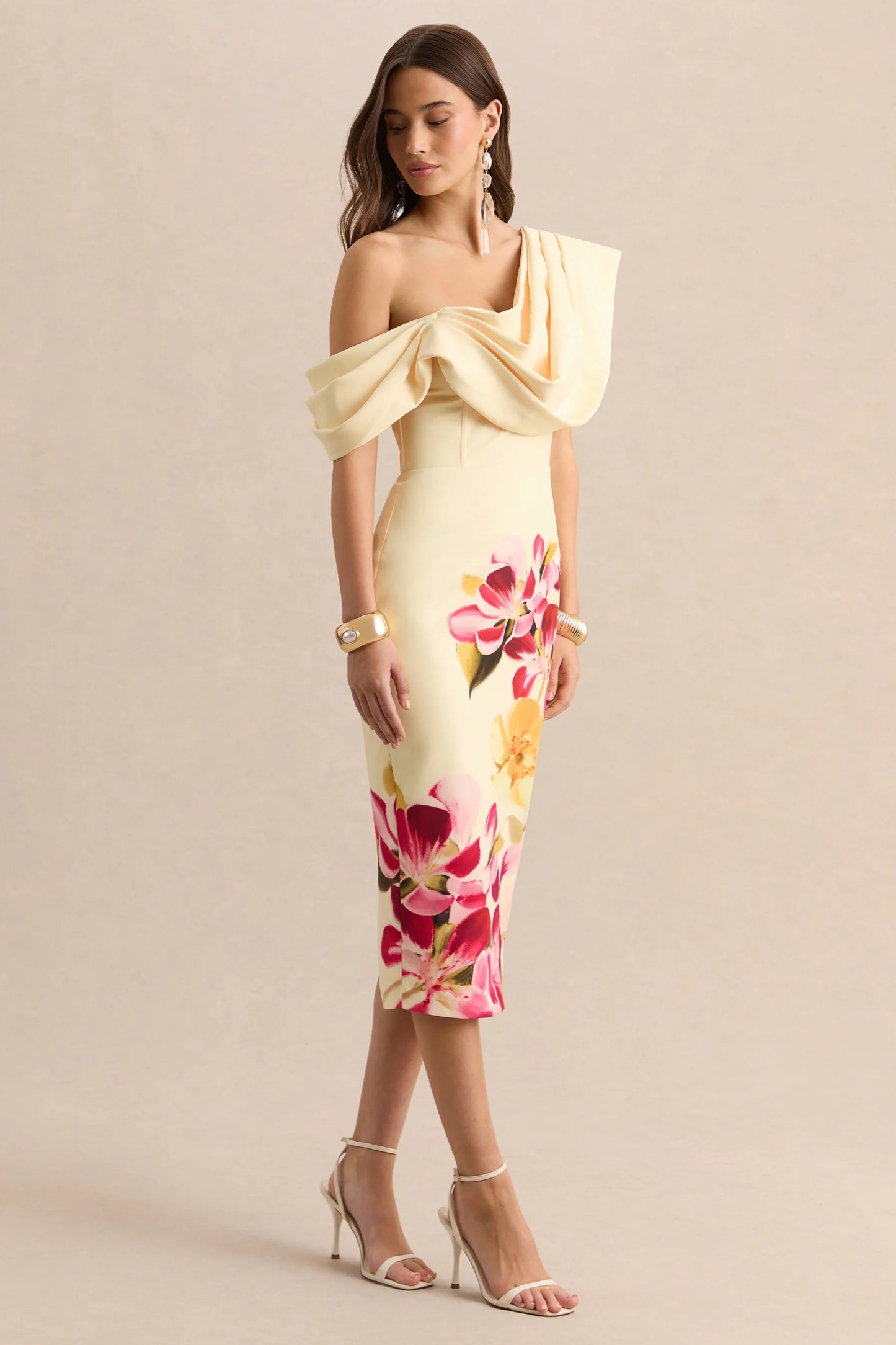 Adrina Hot Pink Lemon Floral Print Draped One Shoulder Midi Dress