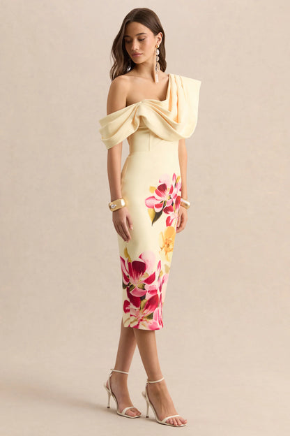 Adrina Hot Pink Lemon Floral Print Draped One Shoulder Midi Dress