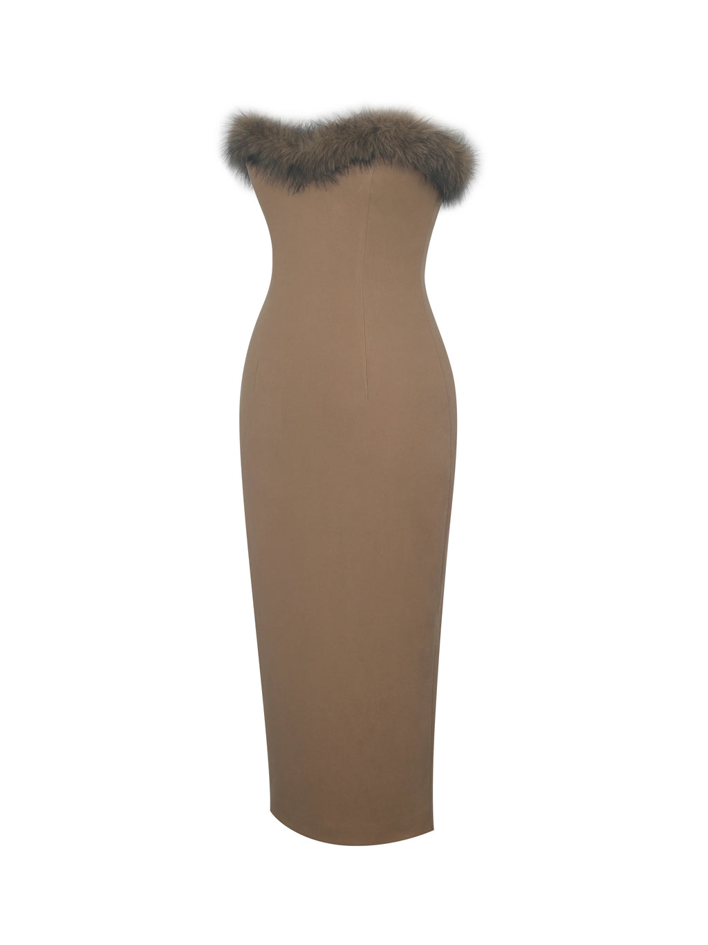 Rayanne Chestnut Strapless Fur Trimmed Sweetheart Midi Dress
