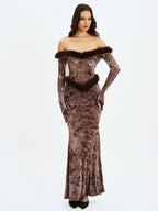 Tessa Coffee Sweetheart Bardot Faux Fur Velvet Mermaid Maxi Dress