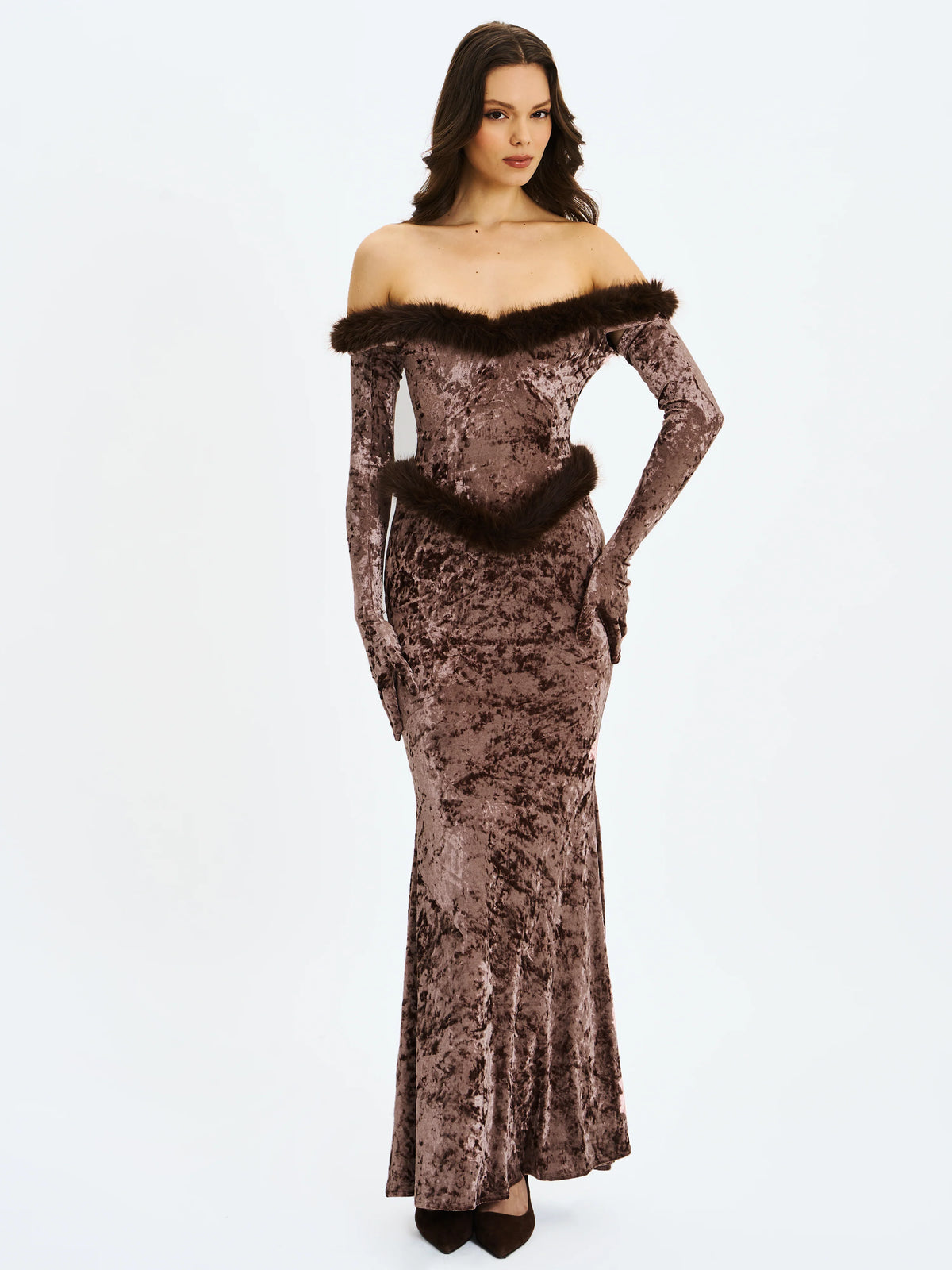 Tessa Coffee Sweetheart Bardot Faux Fur Velvet Mermaid Maxi Dress