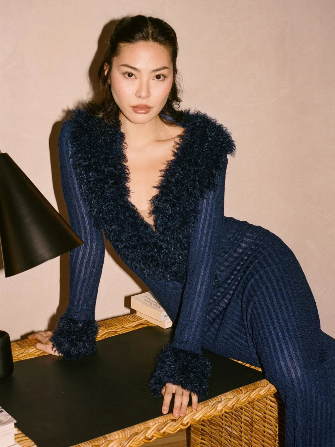 Romina Navy Plunging Fur Trimmed Crochet Maxi Dress