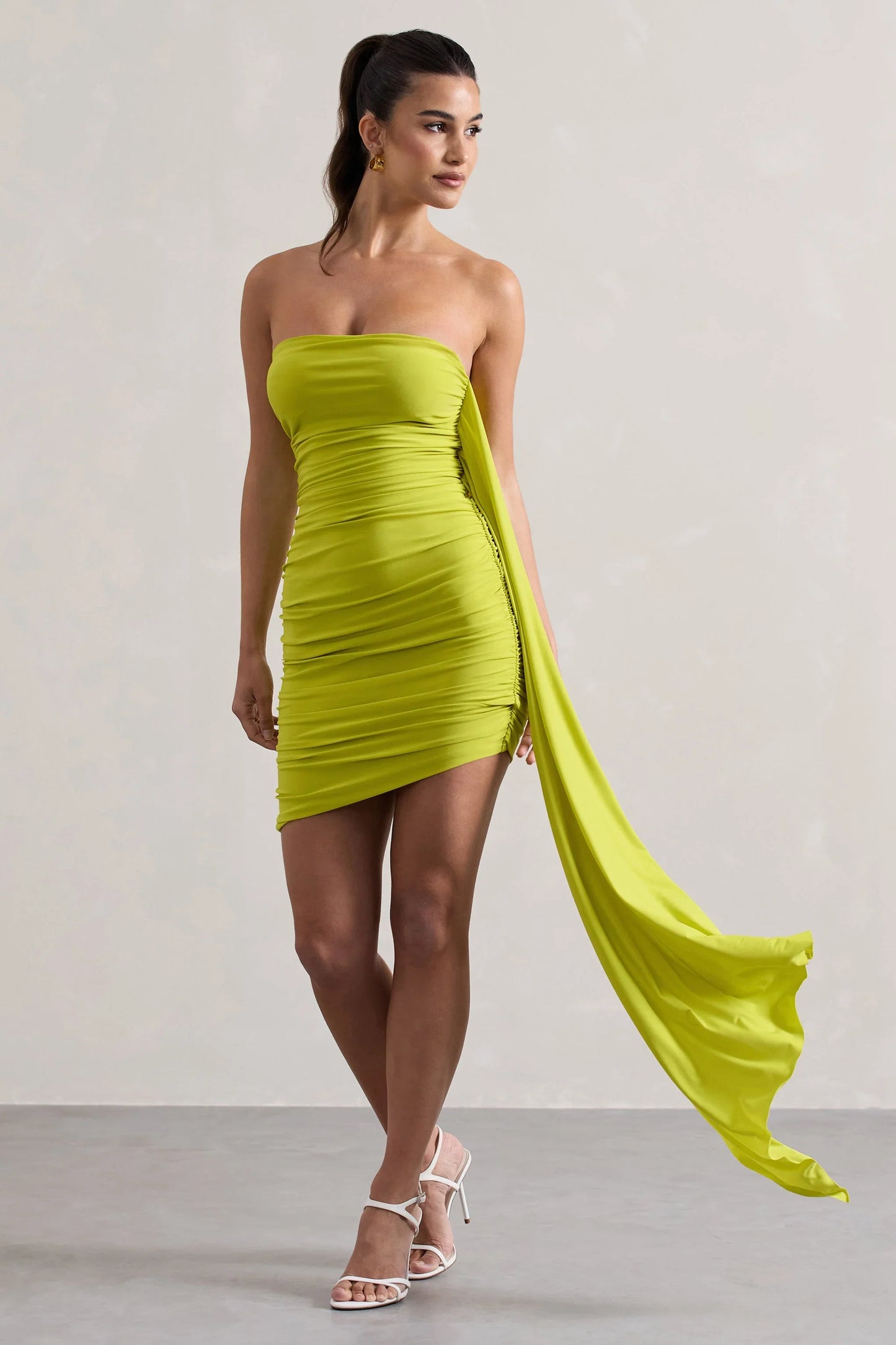 Siena Lime Ruched Asymmetric Mini Dress With Sash