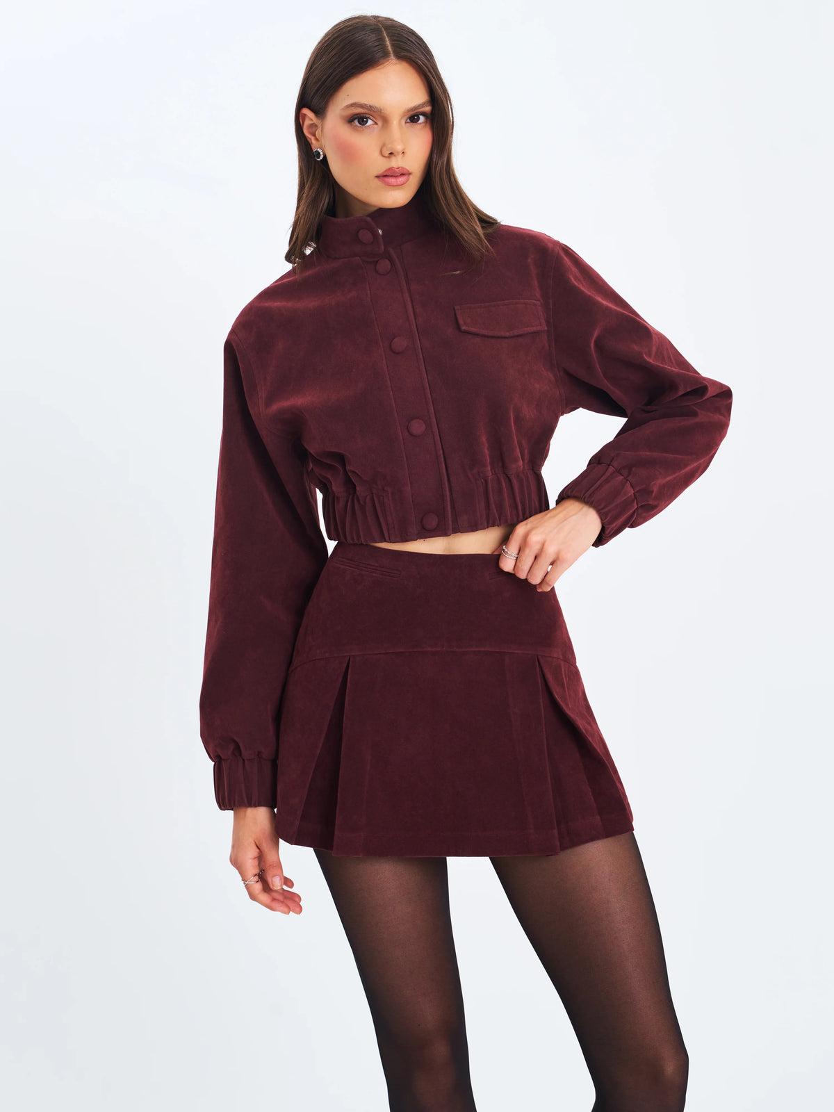 Farryn Mahogany Vegan Suede Cropped Bomber Jacket
