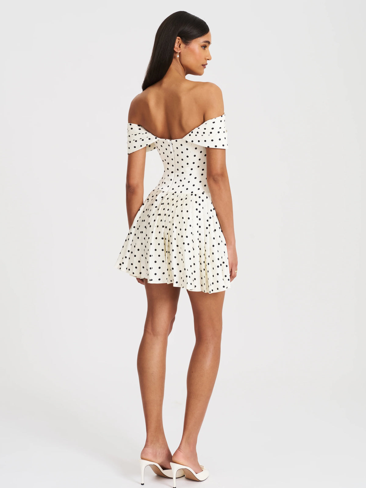 Edeline Polka Dot Off shoulder Pleated Mini Dress