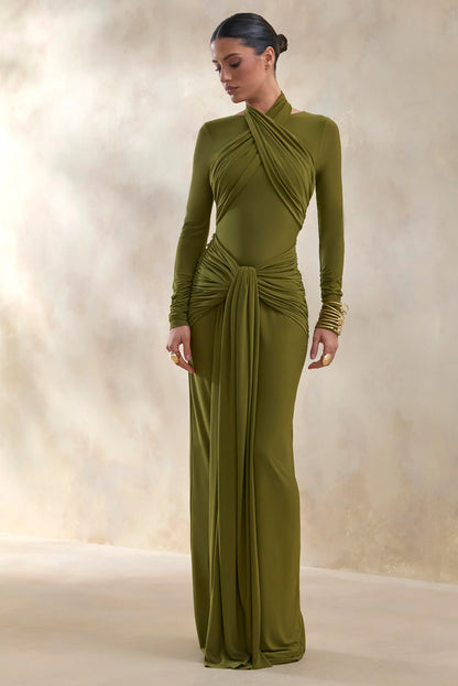 Linessa Olive High Neck Maxi Dress With Sash And Gathered Detailing