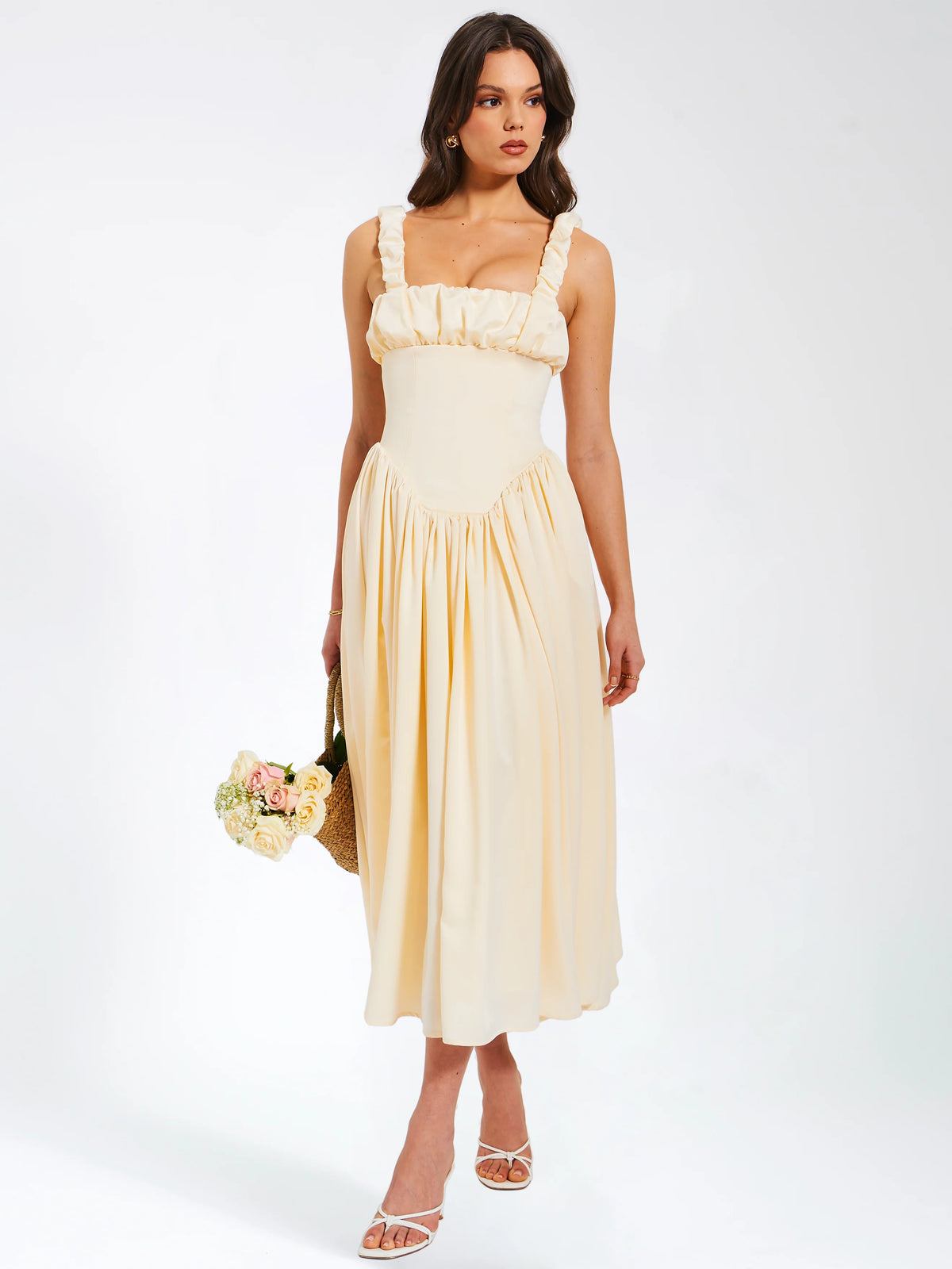 Noreen Egg White Satin Drop Waist Maxi Sundress Archive Sale