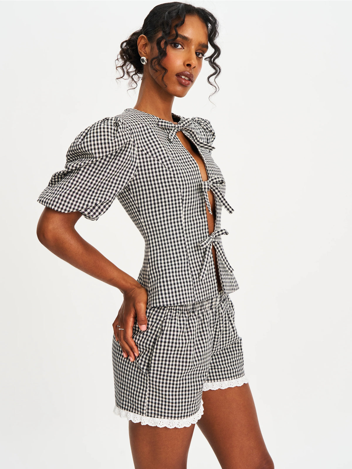 Qusayla Black Gingham Cotton Bubble Sleeve Bowtie Top