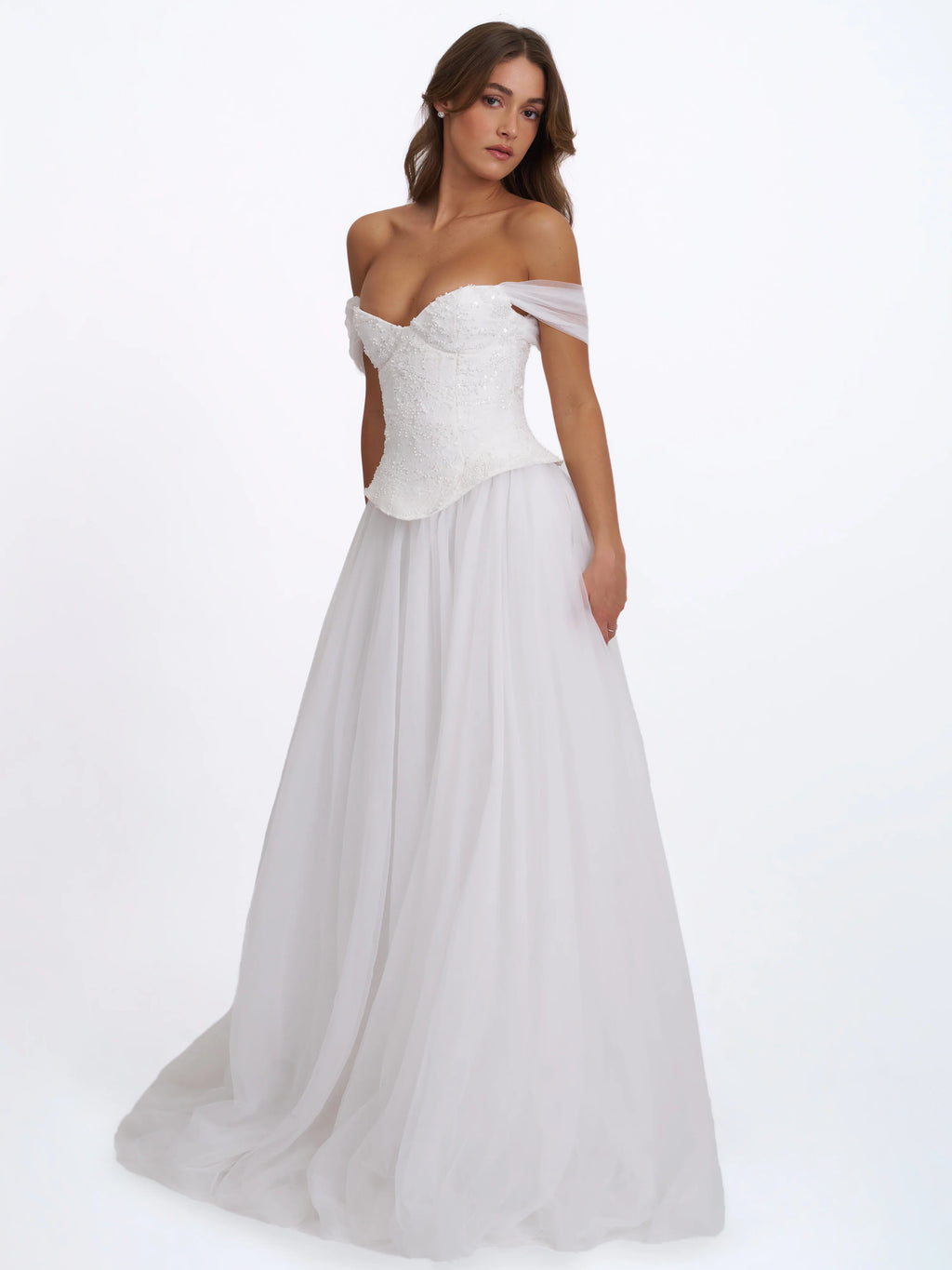 Jianna White Beaded Peplum Bardot Neckline Wedding Gown