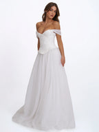 Jianna White Beaded Peplum Bardot Neckline Wedding Gown