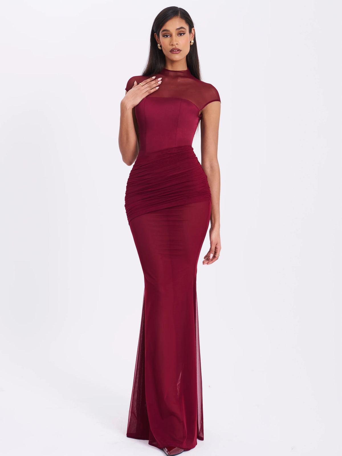 Fabienne Burgundy Mesh Cap Sleeve Mermaid Gown