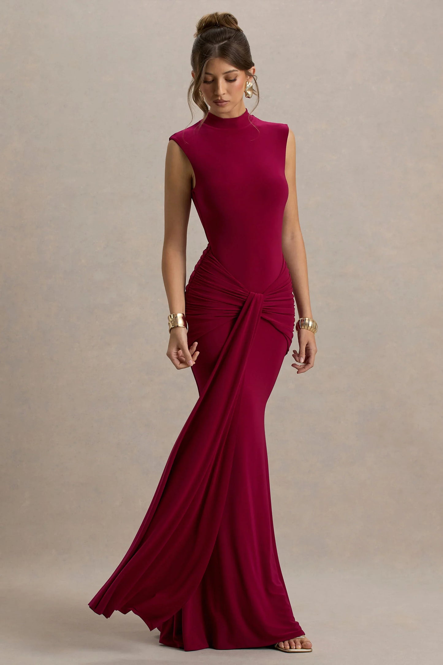 Graziana Burgundy High Neck Gathered Draped Maxi Dress