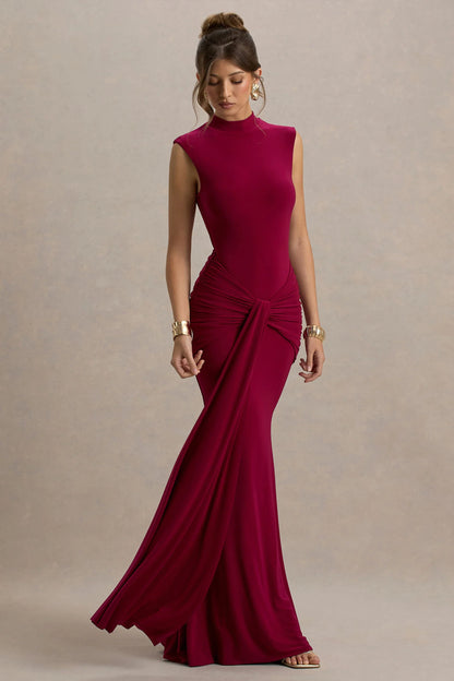Graziana Burgundy High Neck Gathered Draped Maxi Dress