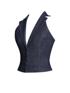 Rafaella Navy Cotton Denim Halter Lapel Top Archive Sale