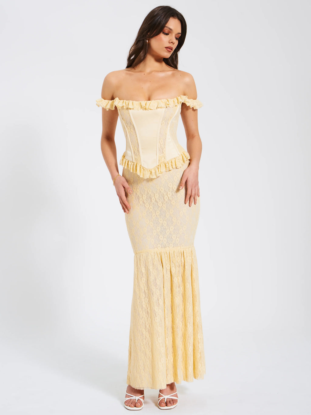 Ersilia Pale Yellow Satin Lace Peplum Corset Off Shoulder Maxi Dress