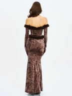 Tessa Coffee Sweetheart Bardot Faux Fur Velvet Mermaid Maxi Dress