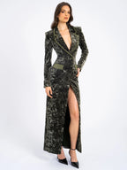 Willow Green Glossy Velvet High Slit Blazer Gown Archive Sale