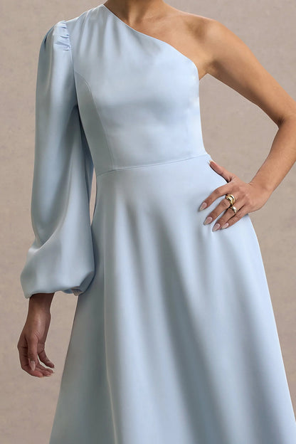 Haila Powder Blue Satin One Shoulder Midi Dress