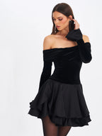 Magnolia Black Off Shoulder Layered Satin Mini Dress