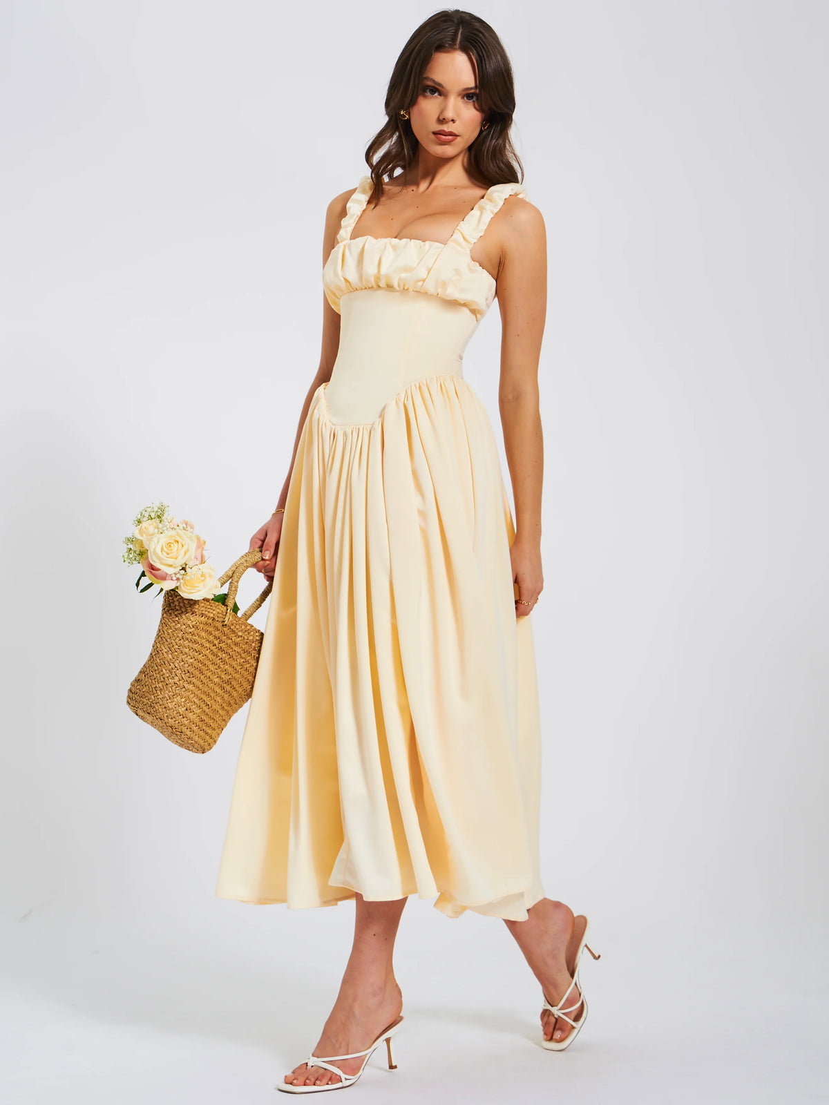 Noreen Egg White Satin Drop Waist Maxi Sundress Archive Sale