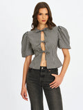 Qusayla Black Gingham Cotton Bubble Sleeve Bowtie Top