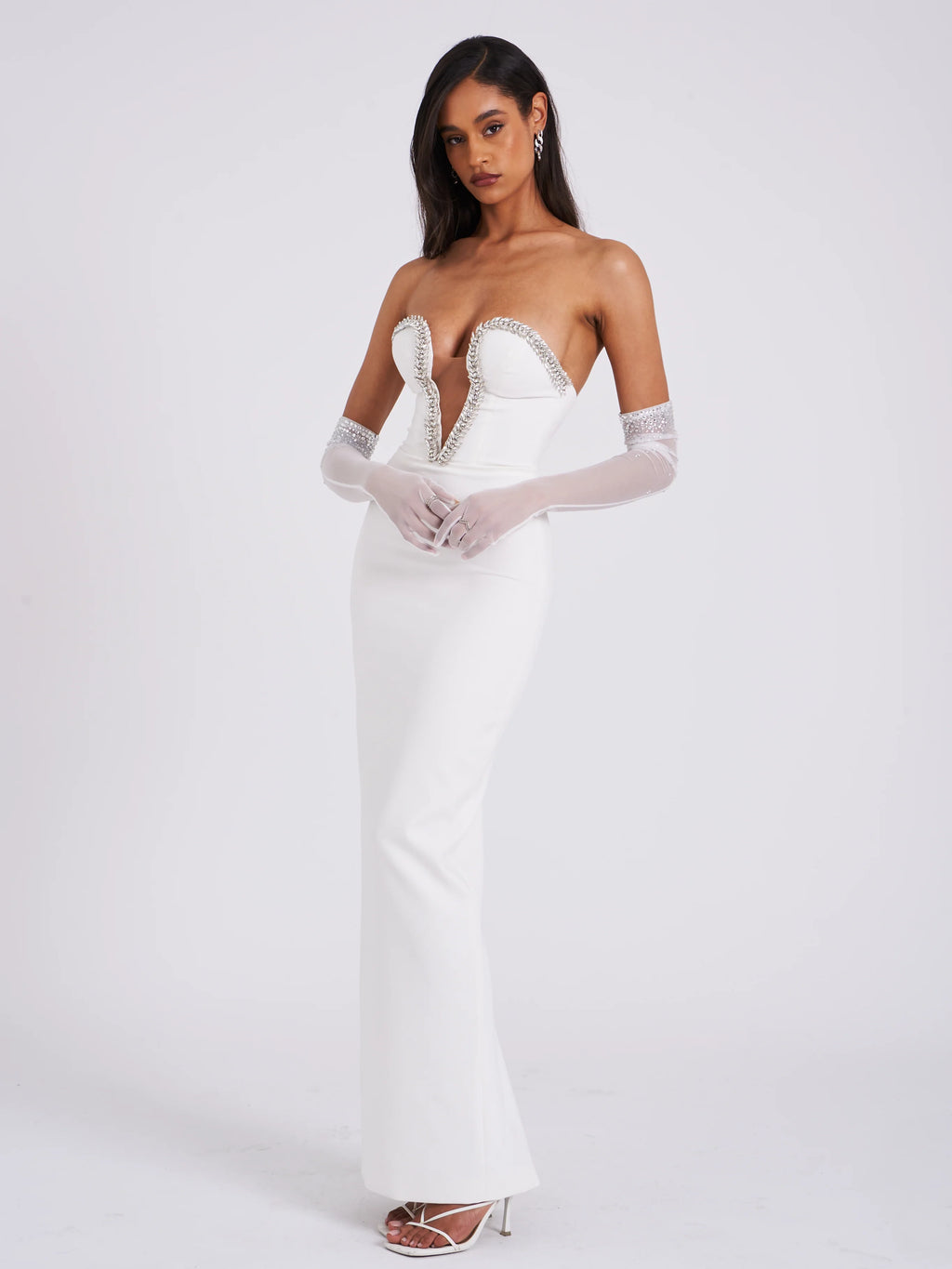 Izzy White Crystal Opera length Gloves