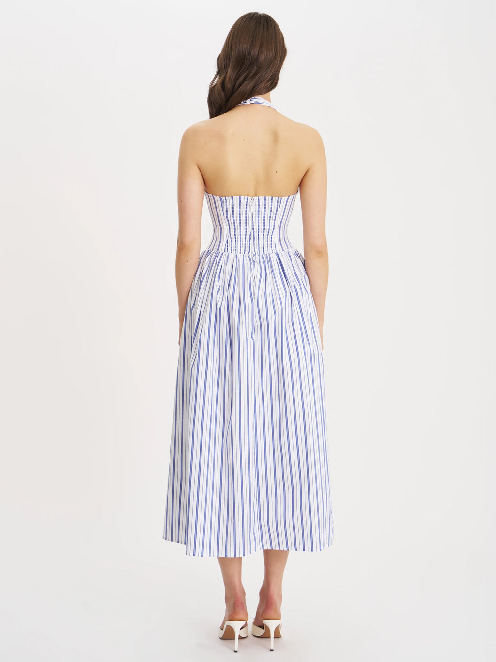 Mackenna Navy Cotton Stripe Halter Smock Back Maxi Dress