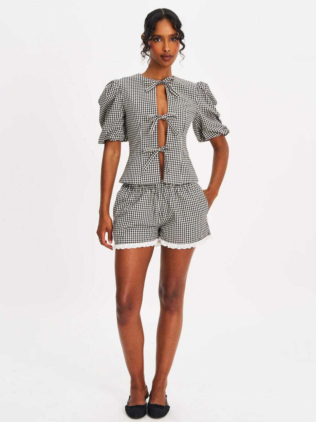 Qusayla Black Gingham Cotton Bubble Sleeve Bowtie Top