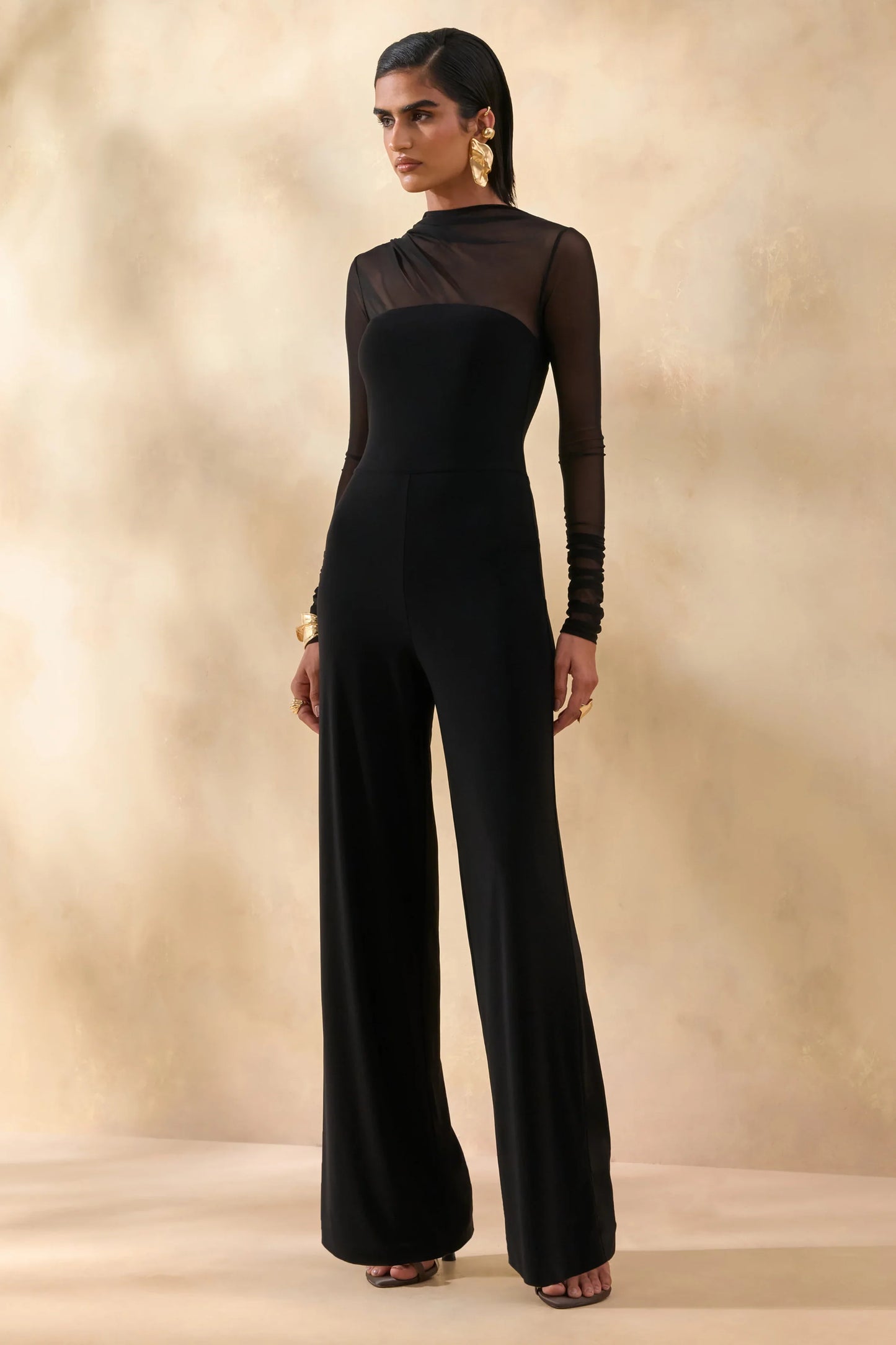 Emeria Black High Neck Jumpsuit With Long Mesh Sleeves
