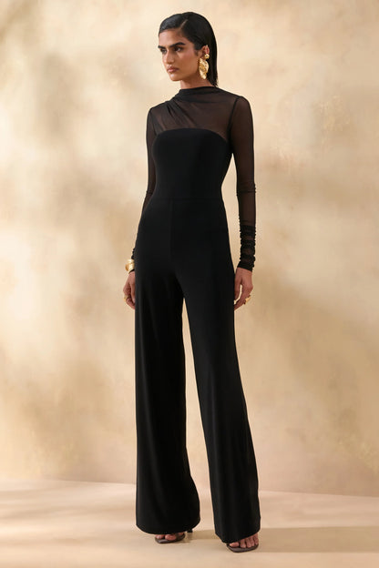 Emeria Black High Neck Jumpsuit With Long Mesh Sleeves