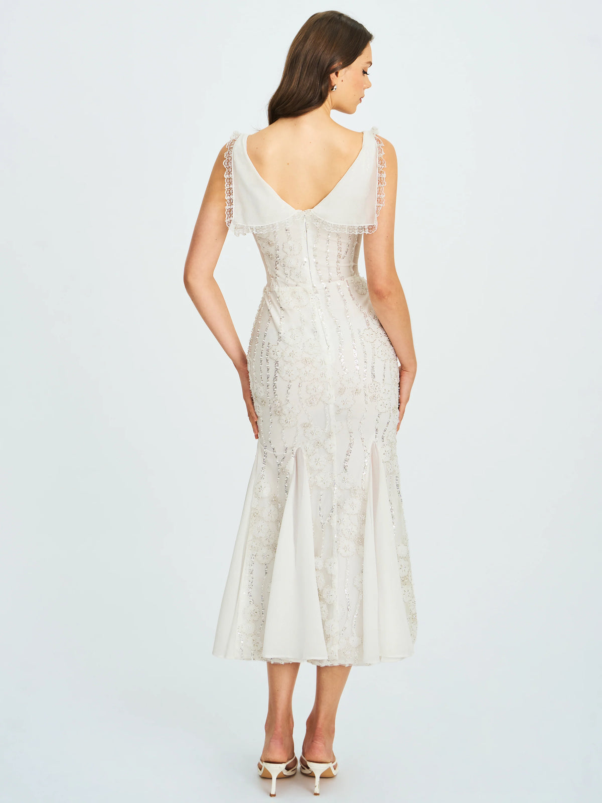 Paola White Peter Pan Collar Beaded Sequin Mermaid Midi Dress