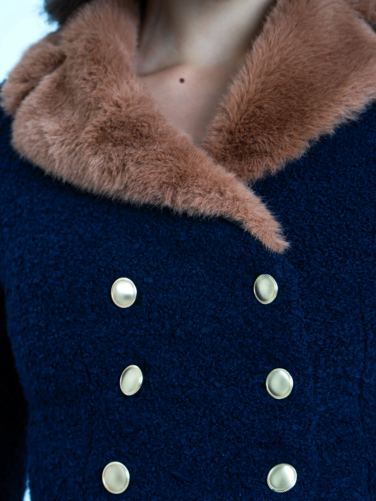 Wava Navy Blue Double Breast Fur Trim Cropped Boucle Wool Jacket Archive Sale